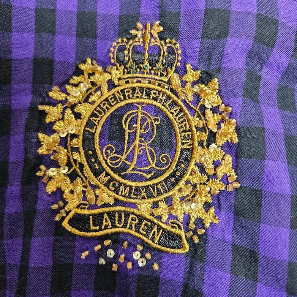Lauren Ralph Lauren Purple and Black Gingham Checked Button Up Gold Crested M - Picture 3 of 7